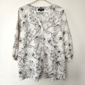 Fred David Cream Floral Print Women's Blouse Button Front Boho Size 1X